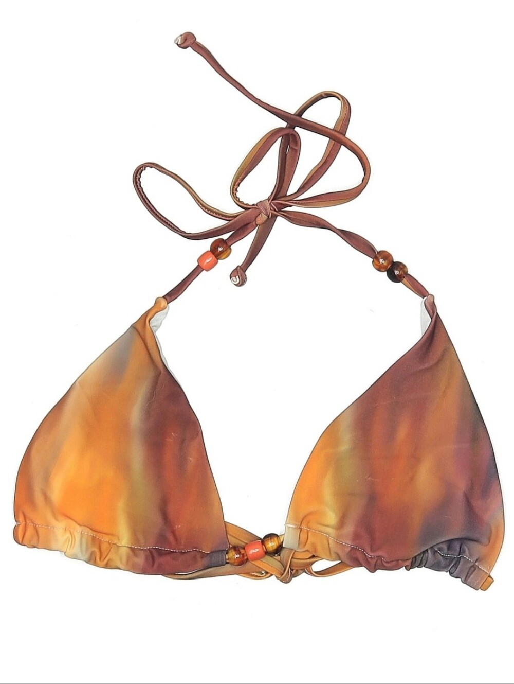 Multi Blurred Print Bead Trim Triangle Bikini Top, L, Orange Multi